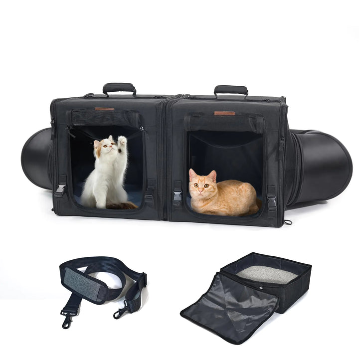 Dual Cat Travel Carrier with Integrated Litter Box - Soft Foldable Large Size