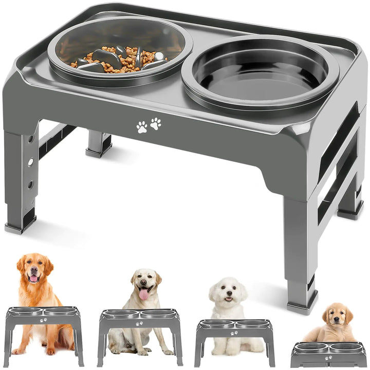 Adjustable Heights Ergonomic Dog Feeder with Slow Feeder & Water Bowl