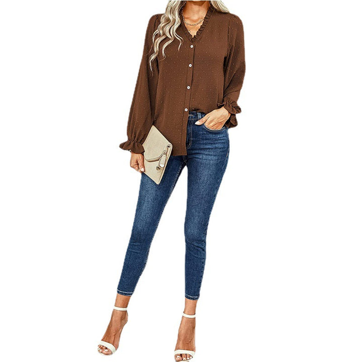 Women's Temperament V-neck Single Row Multi-button Flared Sleeve Loose Long-sleeved Shirt